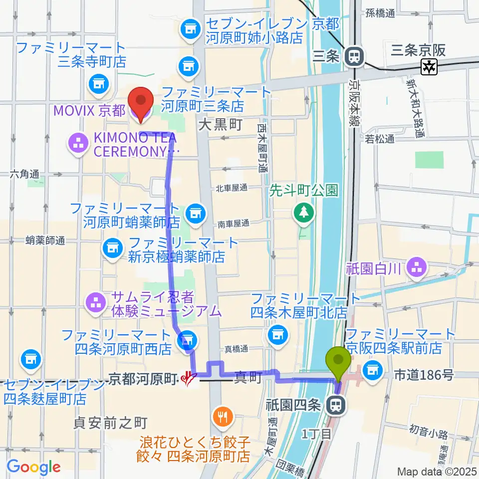 祇園四条駅からMOVIX京都へのルートマップ地図