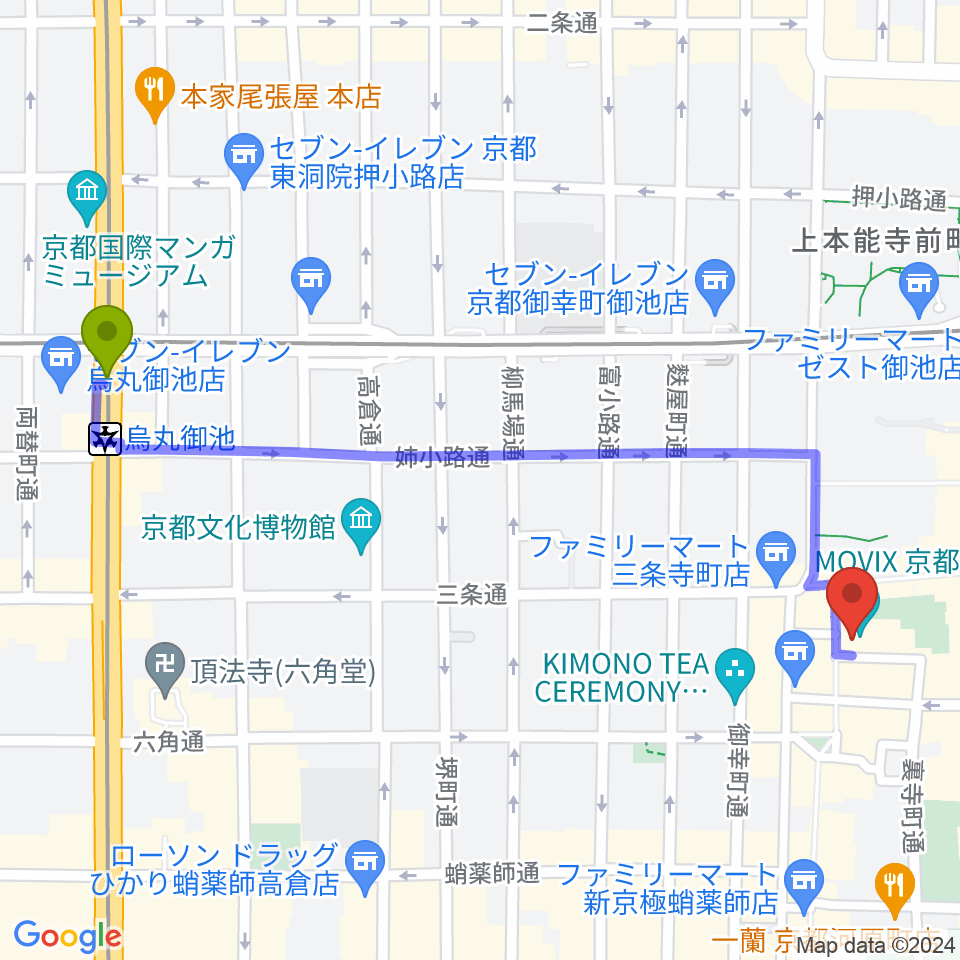 烏丸御池駅からmovix京都へのルートマップ Mdata