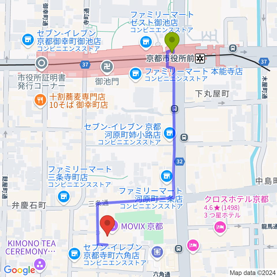 MOVIX京都の最寄駅京都市役所前駅からの徒歩ルート（約5分）地図