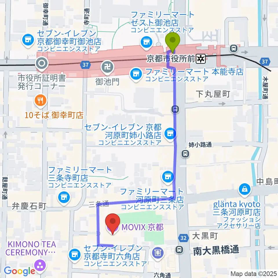 MOVIX京都の最寄駅京都市役所前駅からの徒歩ルート（約5分）地図