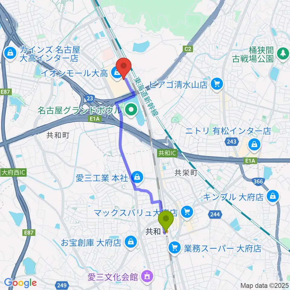 共和駅からイオンシネマ大高へのルートマップ地図