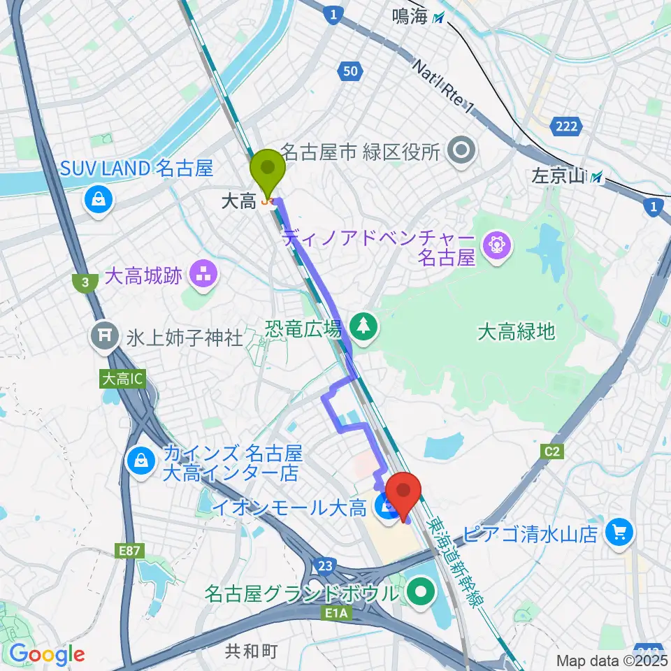 大高駅からイオンシネマ大高へのルートマップ地図