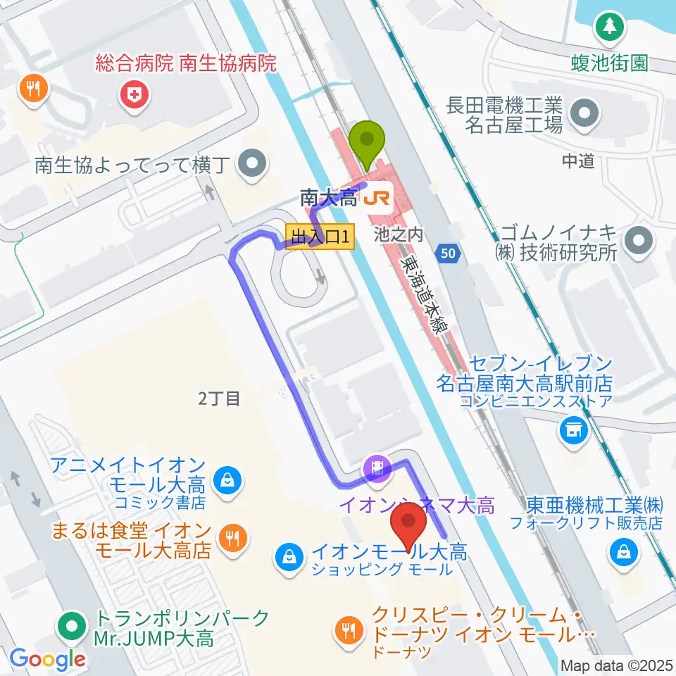 イオンシネマ大高の最寄駅南大高駅からの徒歩ルート（約4分）地図