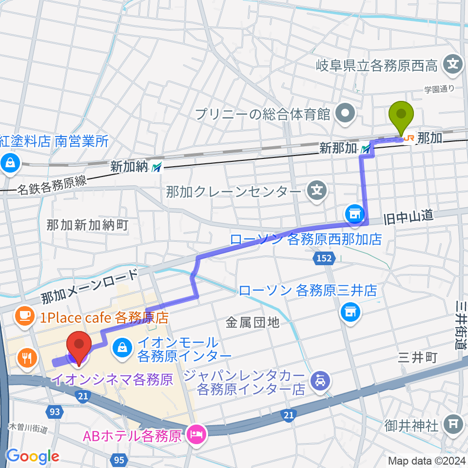 那加駅からイオンシネマ各務原へのルートマップ地図