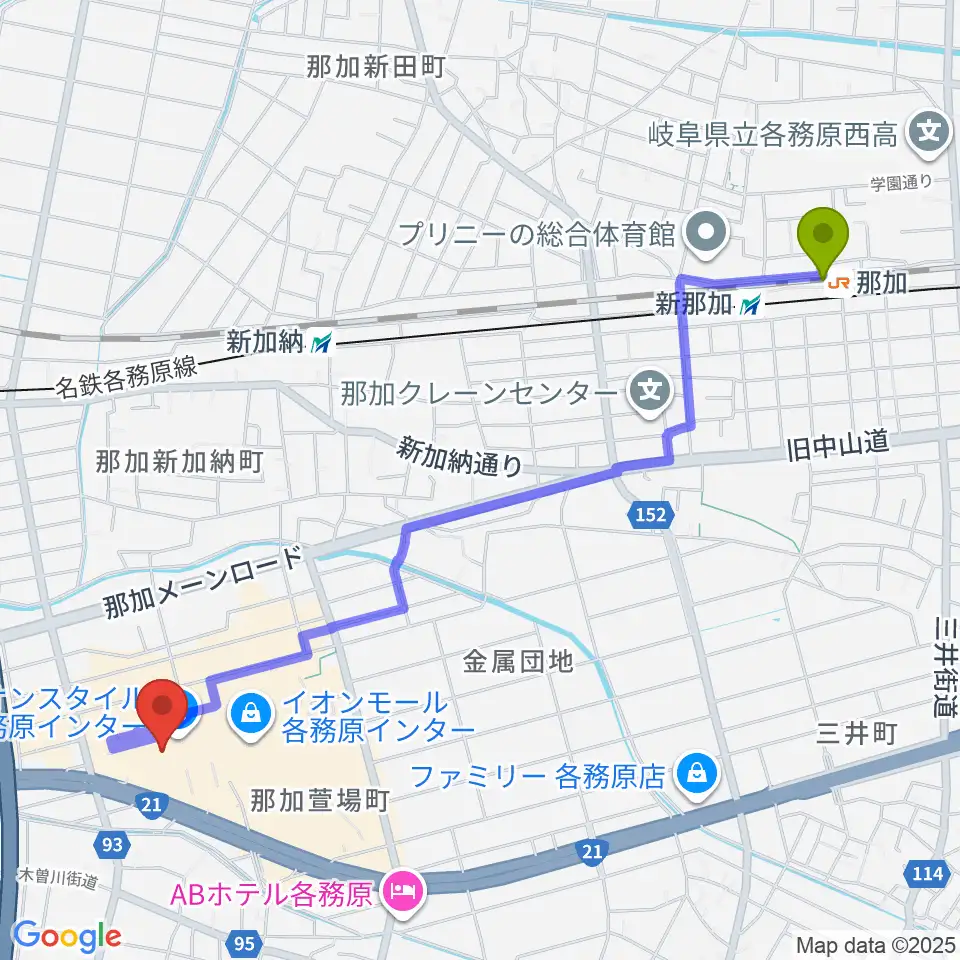 那加駅からイオンシネマ各務原へのルートマップ地図