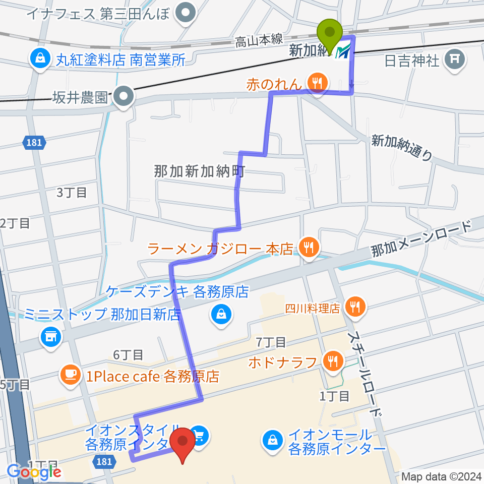 イオンシネマ各務原の最寄駅新加納駅からの徒歩ルート（約14分）地図