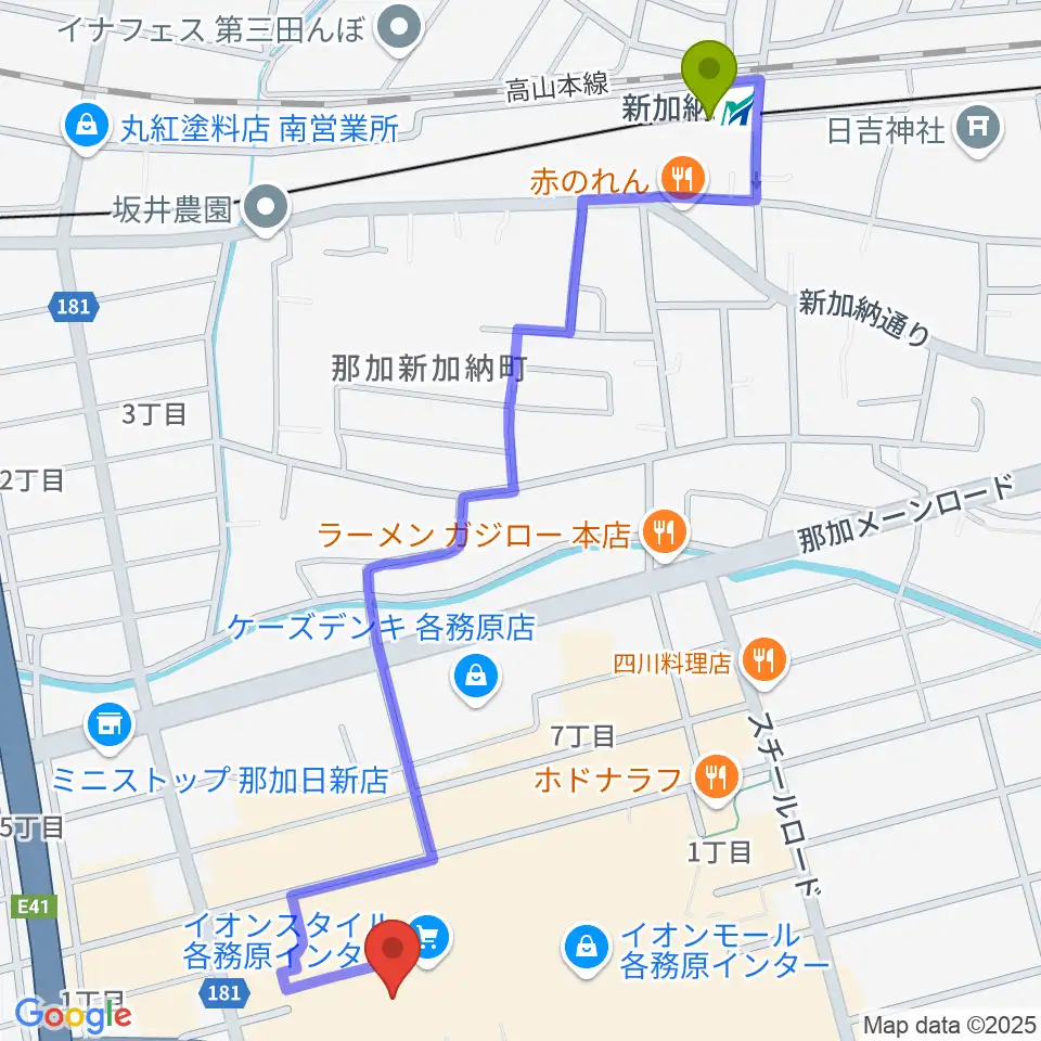 イオンシネマ各務原の最寄駅新加納駅からの徒歩ルート（約14分）地図