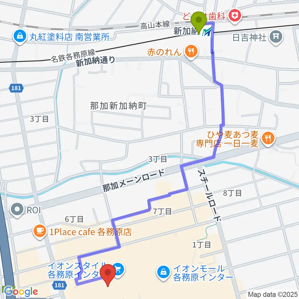イオンシネマ各務原の最寄駅新加納駅からの徒歩ルート（約14分）地図