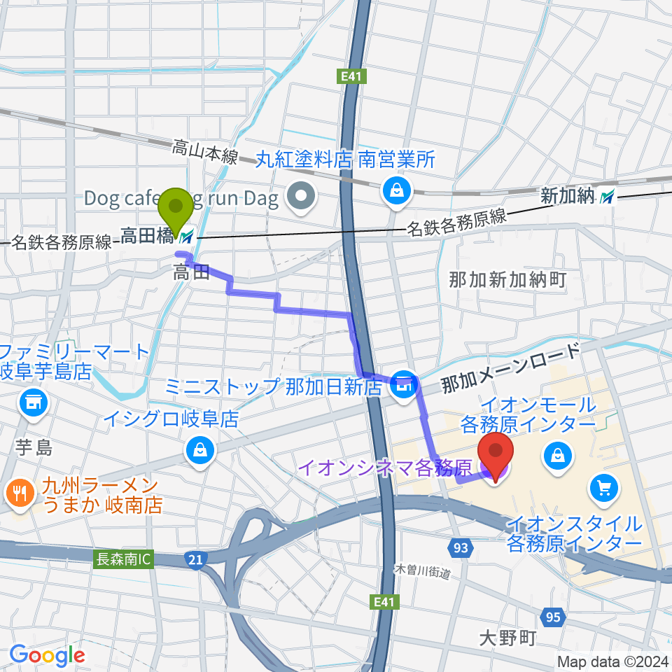 高田橋駅からイオンシネマ各務原へのルートマップ地図