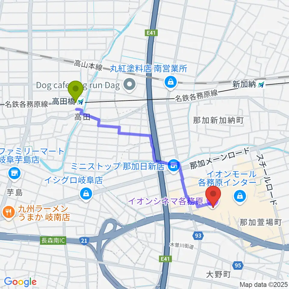 高田橋駅からイオンシネマ各務原へのルートマップ地図