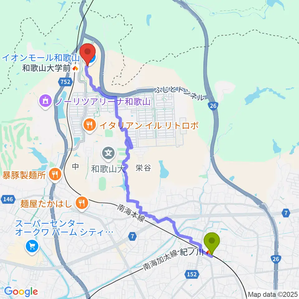 紀ノ川駅からイオンシネマ和歌山へのルートマップ地図