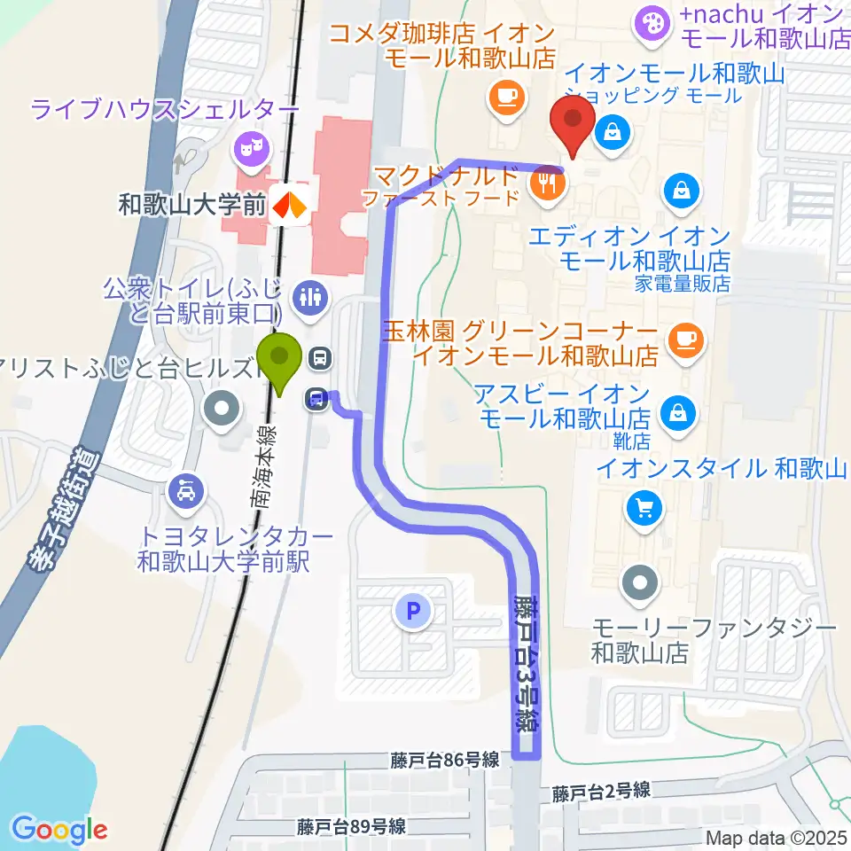 イオンシネマ和歌山の最寄駅和歌山大学前駅からの徒歩ルート（約4分）地図