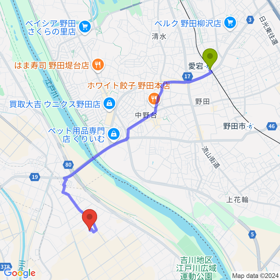 愛宕駅から民家ライブハウス楽龍時へのルートマップ地図