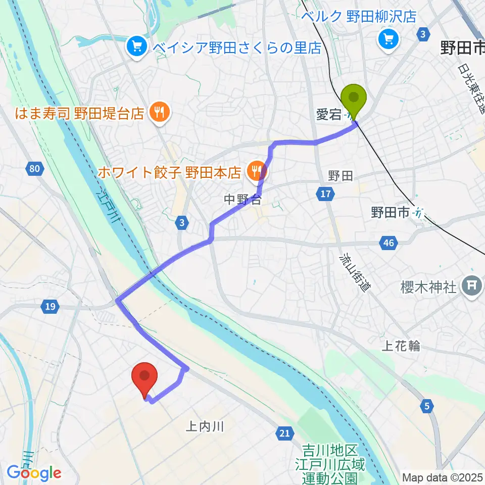 愛宕駅から民家ライブハウス楽龍時へのルートマップ地図