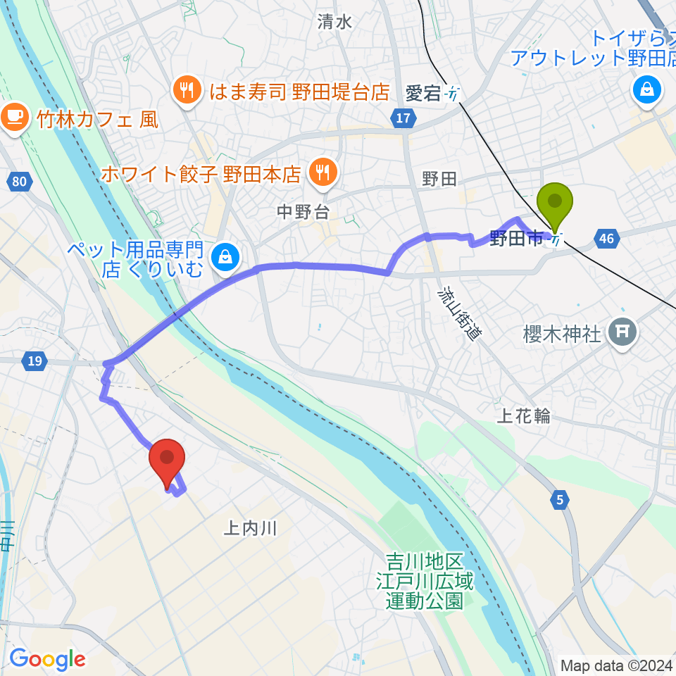 民家ライブハウス楽龍時の最寄駅野田市駅からの徒歩ルート（約43分）地図