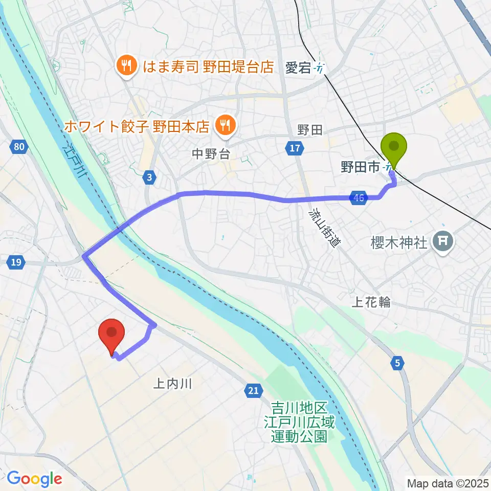 民家ライブハウス楽龍時の最寄駅野田市駅からの徒歩ルート（約43分）地図