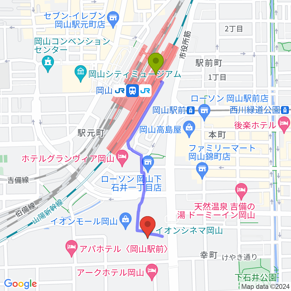 イオンシネマ岡山の最寄駅岡山駅からの徒歩ルート（約9分）地図