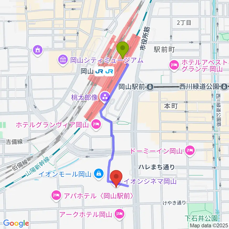 イオンシネマ岡山の最寄駅岡山駅からの徒歩ルート（約9分）地図