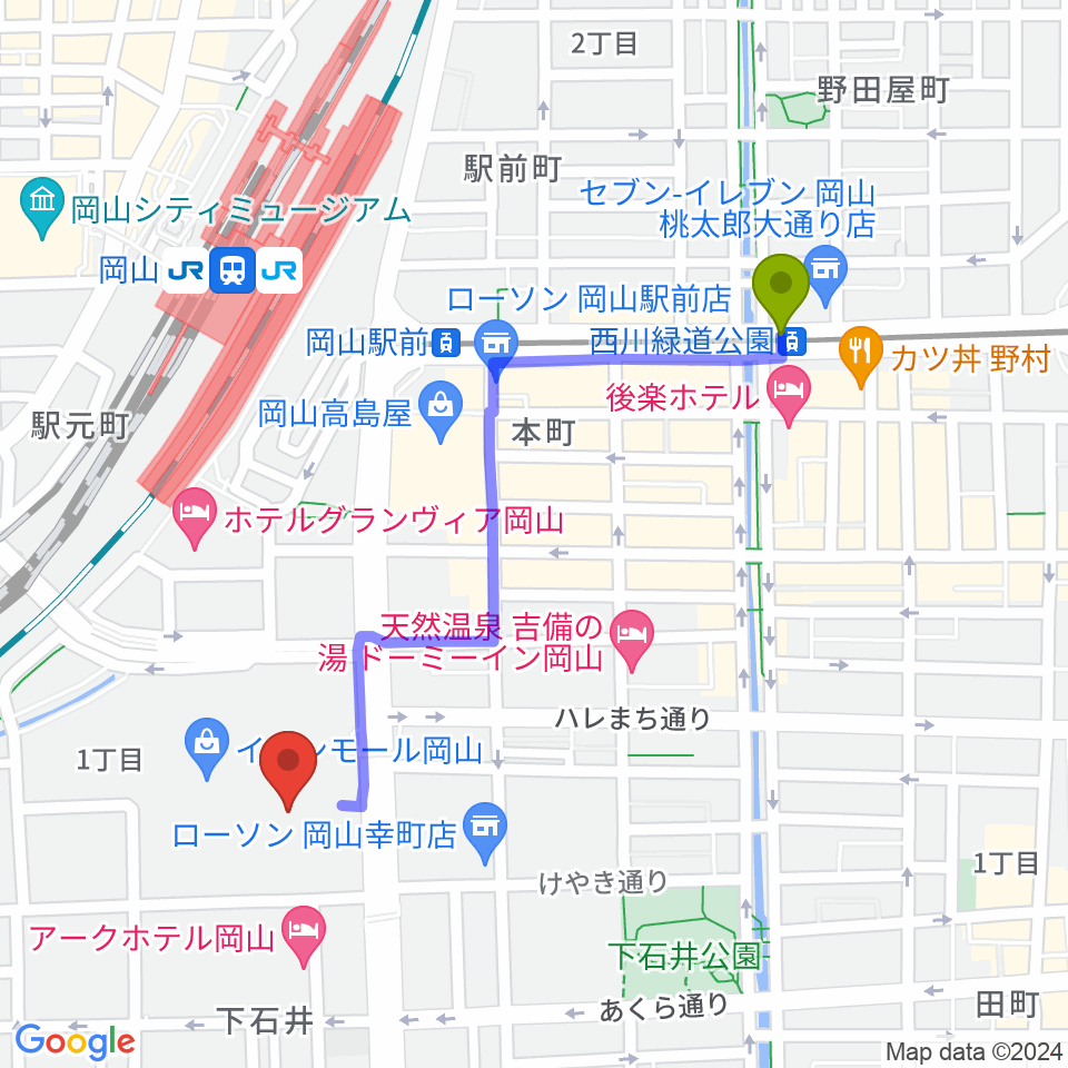 西川緑道公園駅からイオンシネマ岡山へのルートマップ地図