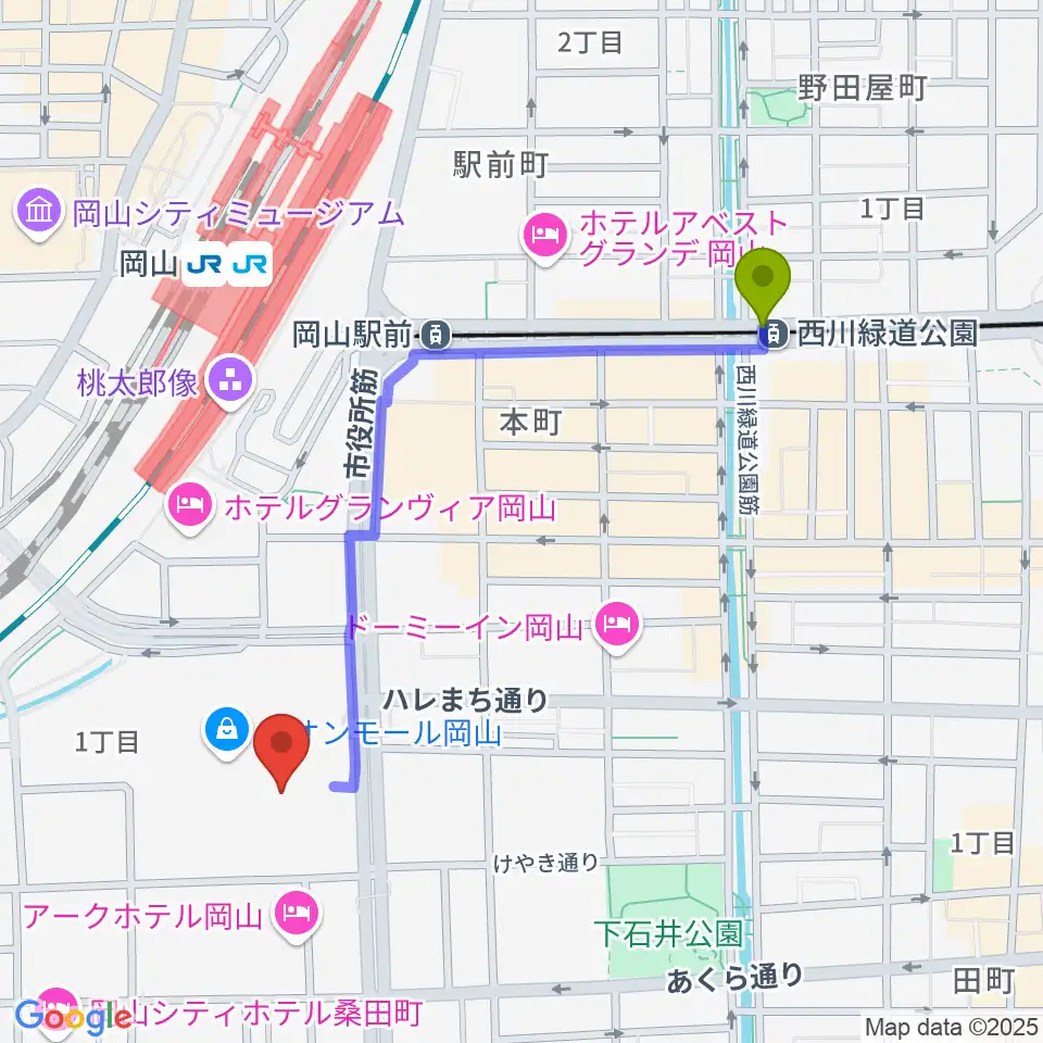 西川緑道公園駅からイオンシネマ岡山へのルートマップ地図