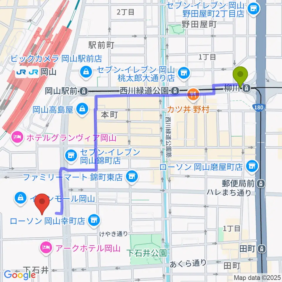柳川駅からイオンシネマ岡山へのルートマップ地図