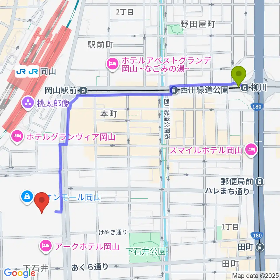 柳川駅からイオンシネマ岡山へのルートマップ地図