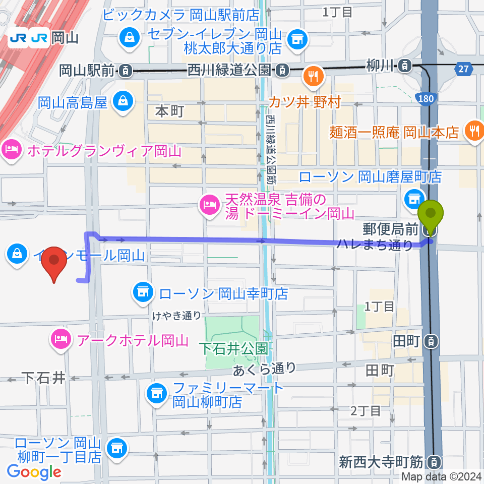 郵便局前駅からイオンシネマ岡山へのルートマップ地図