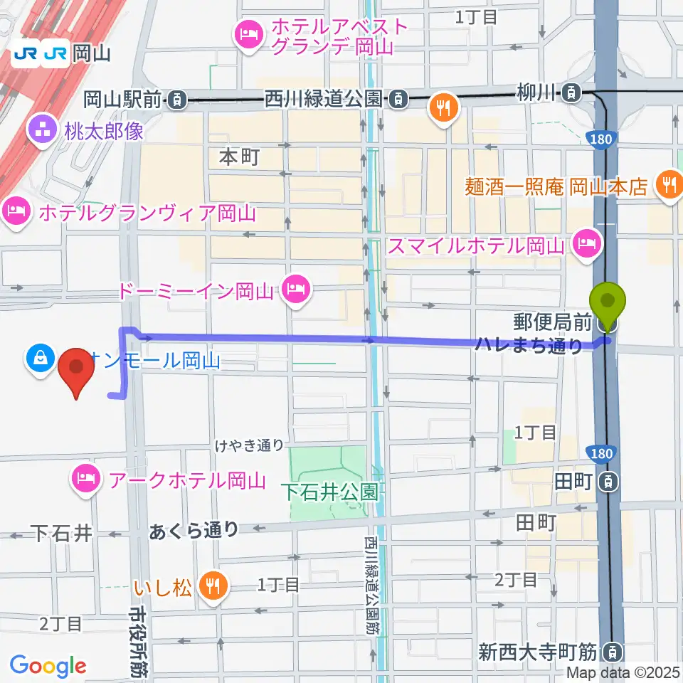 郵便局前駅からイオンシネマ岡山へのルートマップ地図