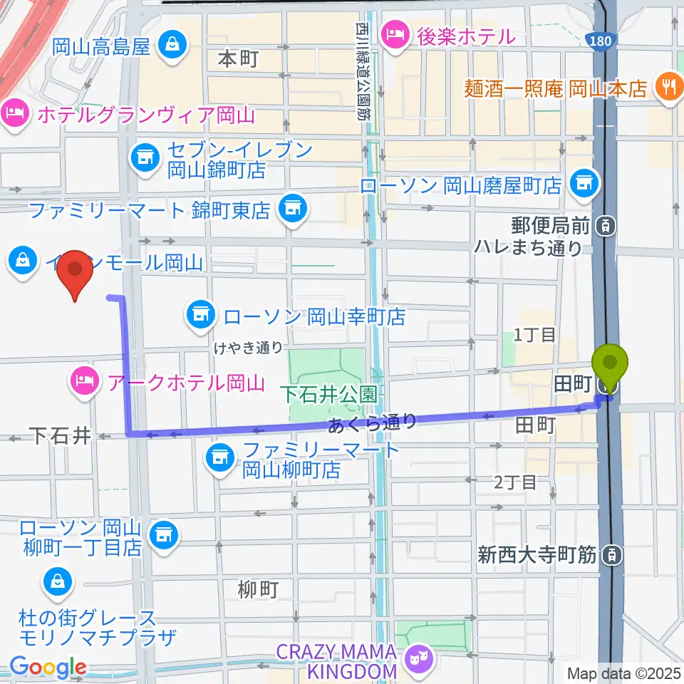 田町駅からイオンシネマ岡山へのルートマップ地図