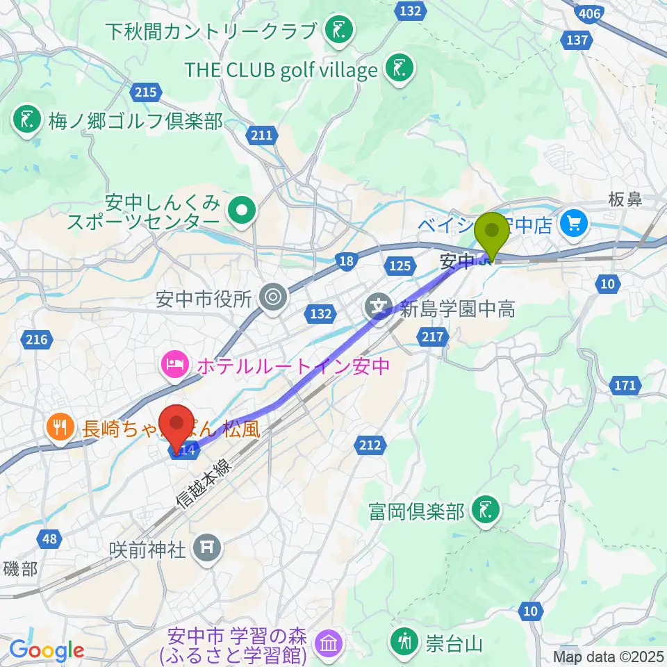 安中駅からサウンドタムへのルートマップ地図