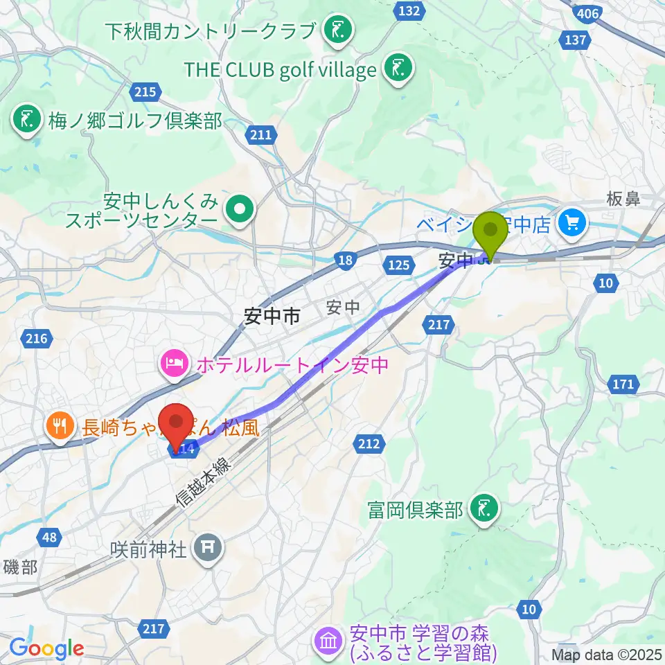安中駅からサウンドタムへのルートマップ地図