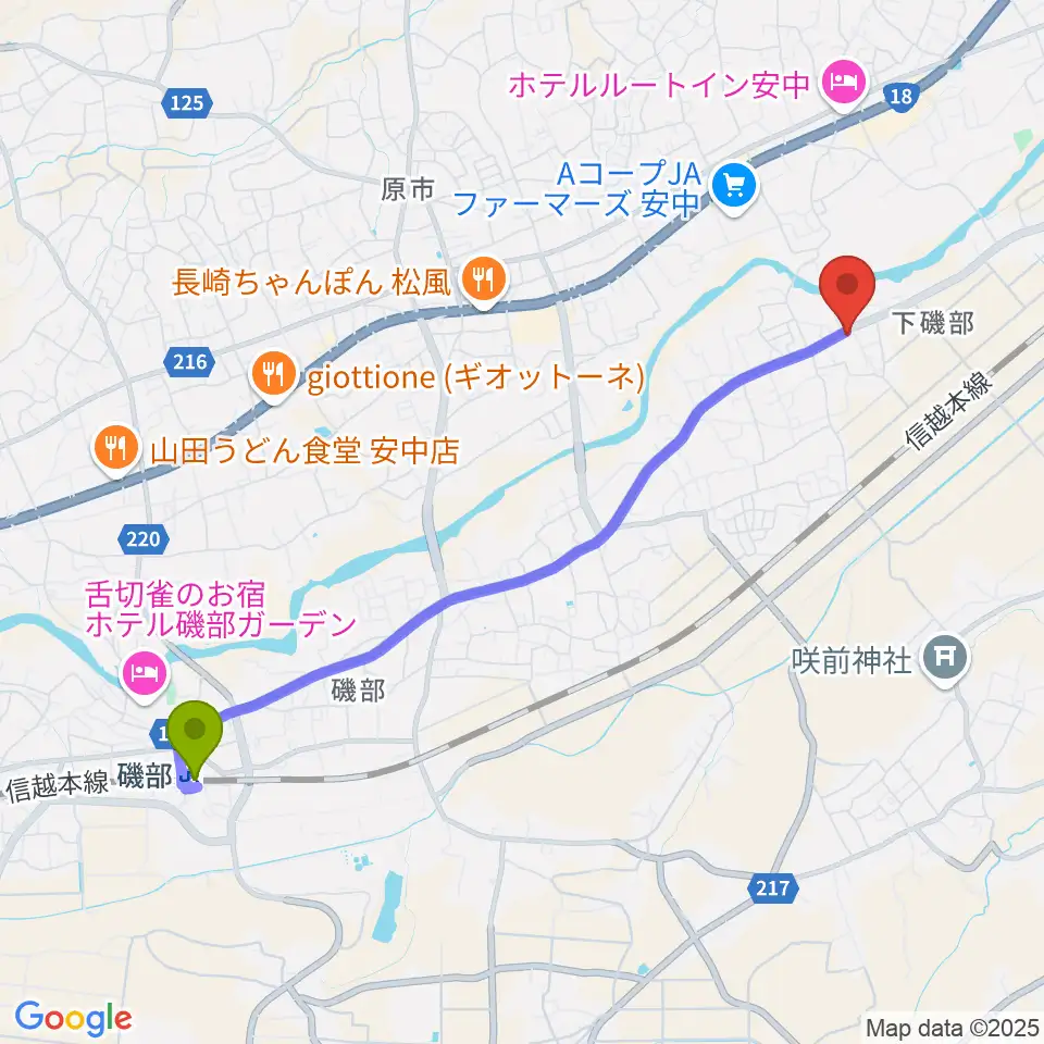 サウンドタムの最寄駅磯部駅からの徒歩ルート（約47分）地図