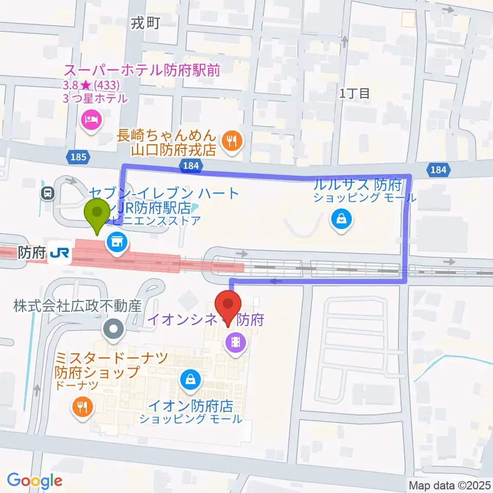 イオンシネマ防府の最寄駅防府駅からの徒歩ルート（約3分）地図