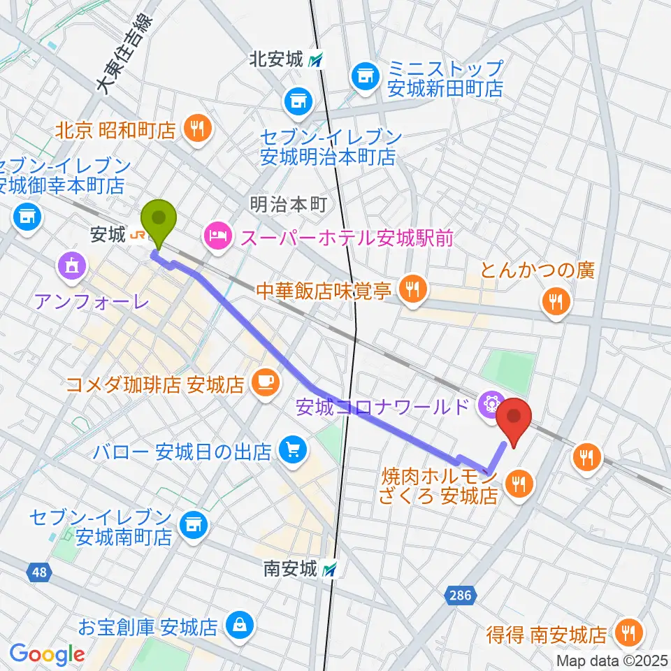 安城駅からシネマワールド安城へのルートマップ地図