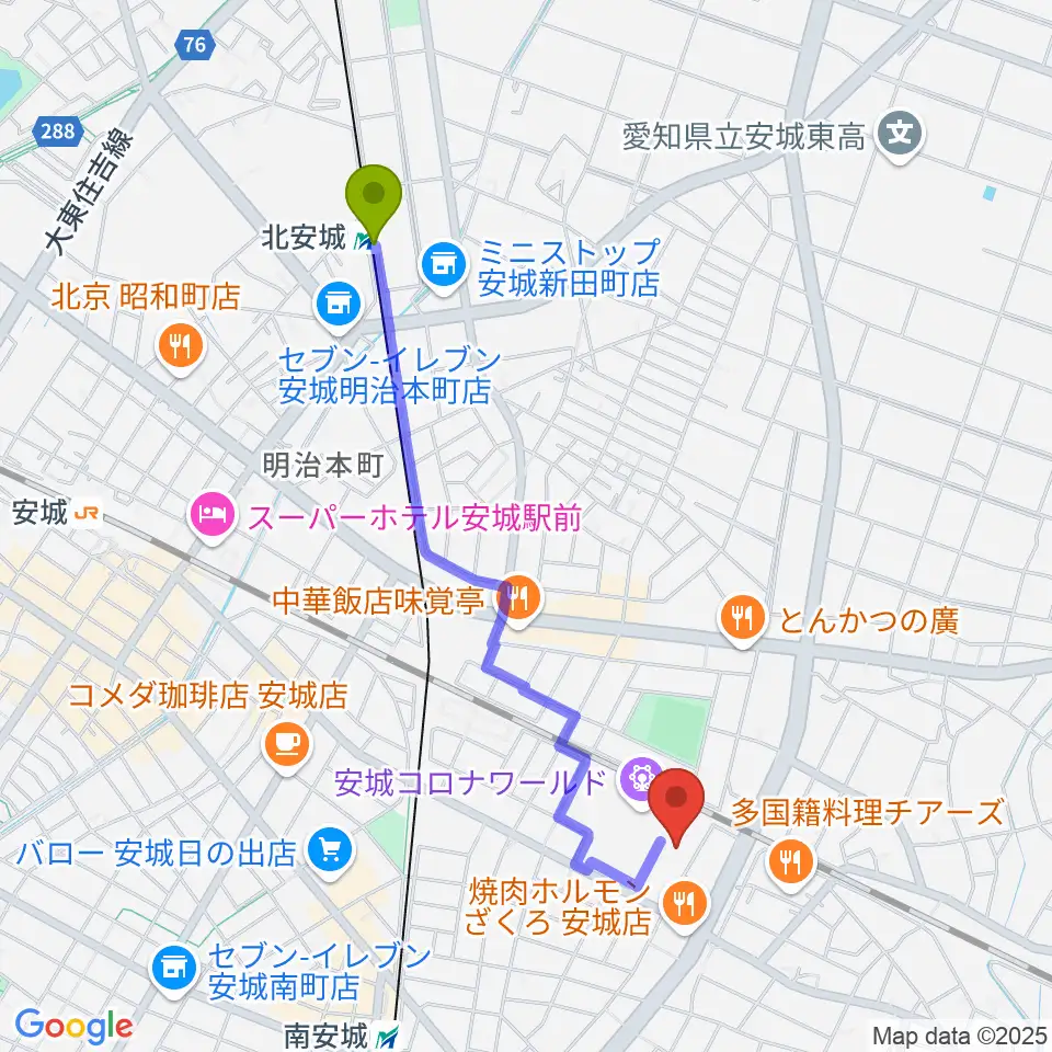 北安城駅からシネマワールド安城へのルートマップ地図