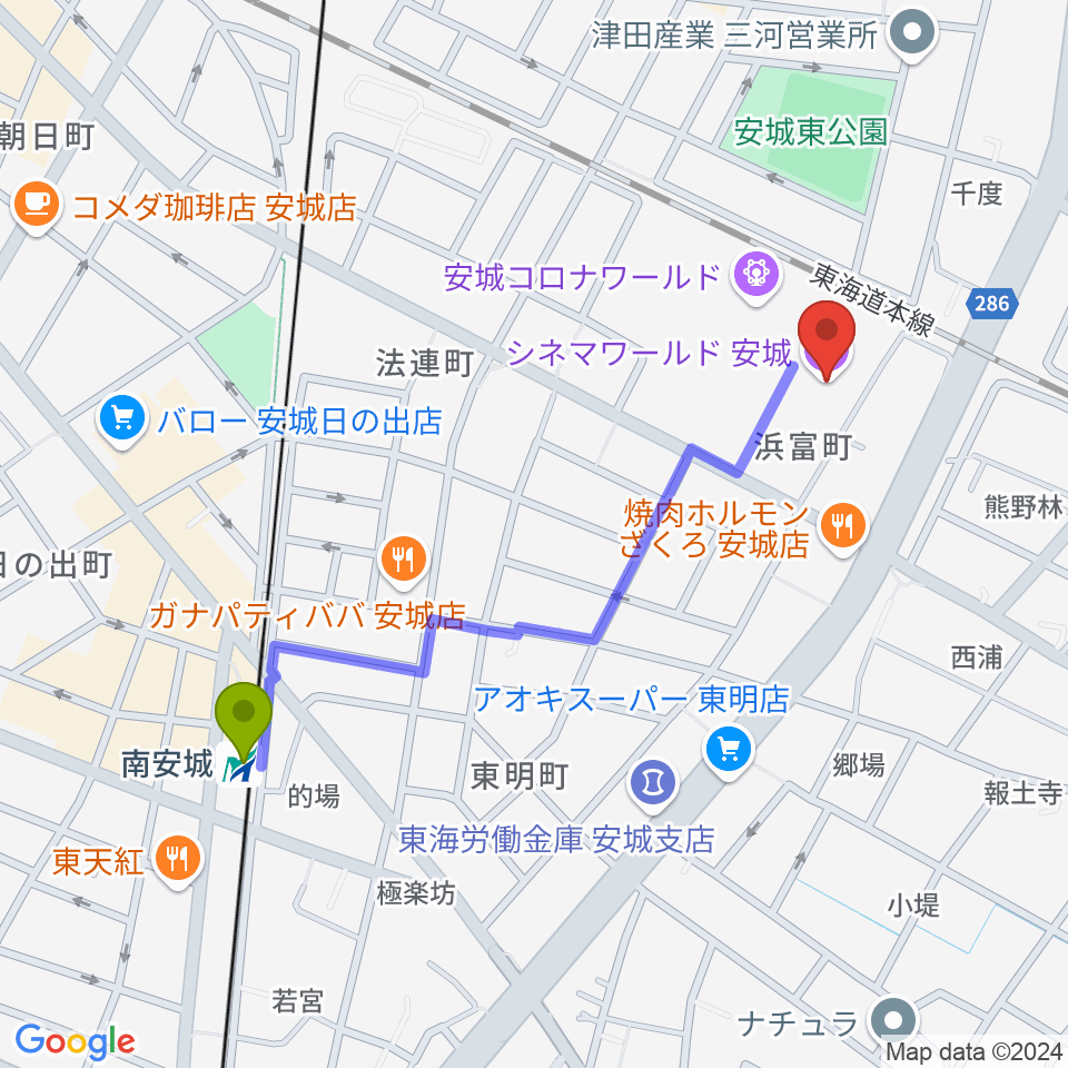 シネマワールド安城の最寄駅南安城駅からの徒歩ルート（約10分）地図