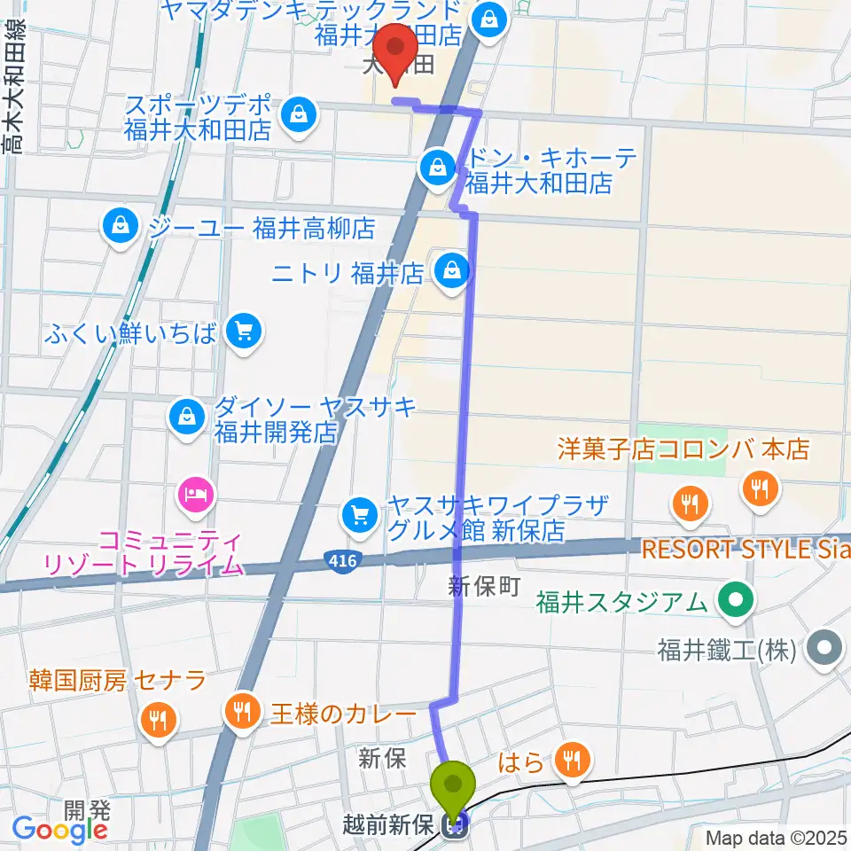 シネマワールド福井の最寄駅越前新保駅からの徒歩ルート（約27分）地図