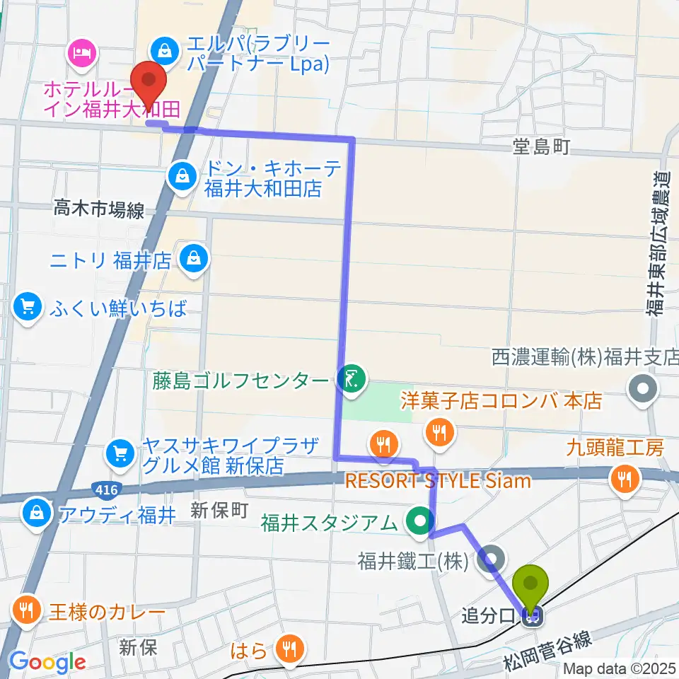 追分口駅からシネマワールド福井へのルートマップ地図