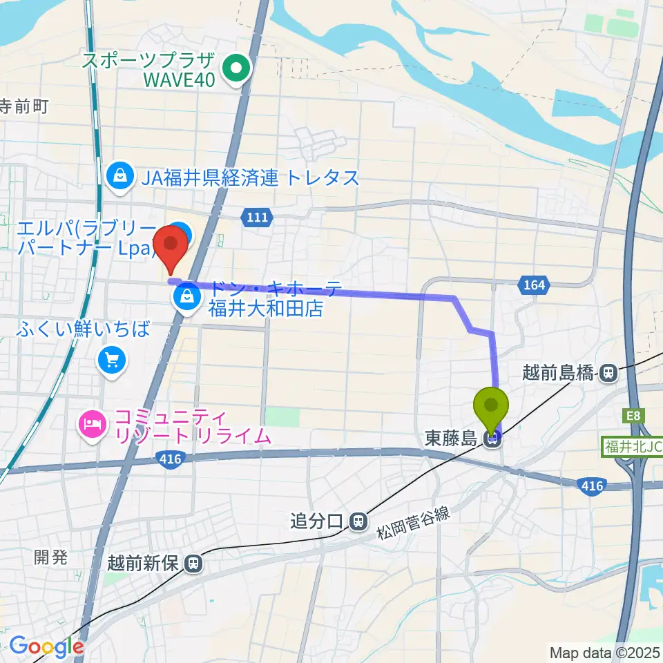 東藤島駅からシネマワールド福井へのルートマップ地図