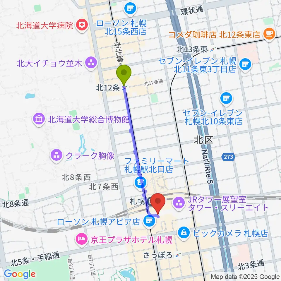 北１２条駅から札幌シネマフロンティアへのルートマップ地図