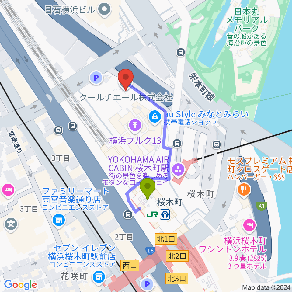 横浜ブルク13の最寄駅桜木町駅からの徒歩ルート（約3分）地図