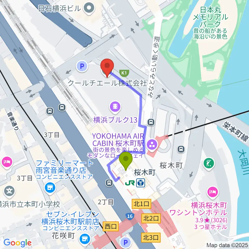 横浜ブルク13の最寄駅桜木町駅からの徒歩ルート（約3分）地図