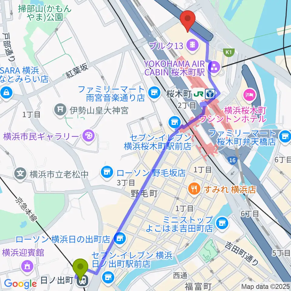 日ノ出町駅から横浜ブルク13へのルートマップ地図