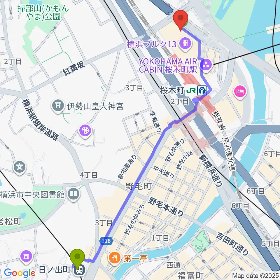 日ノ出町駅から横浜ブルク13へのルートマップ地図