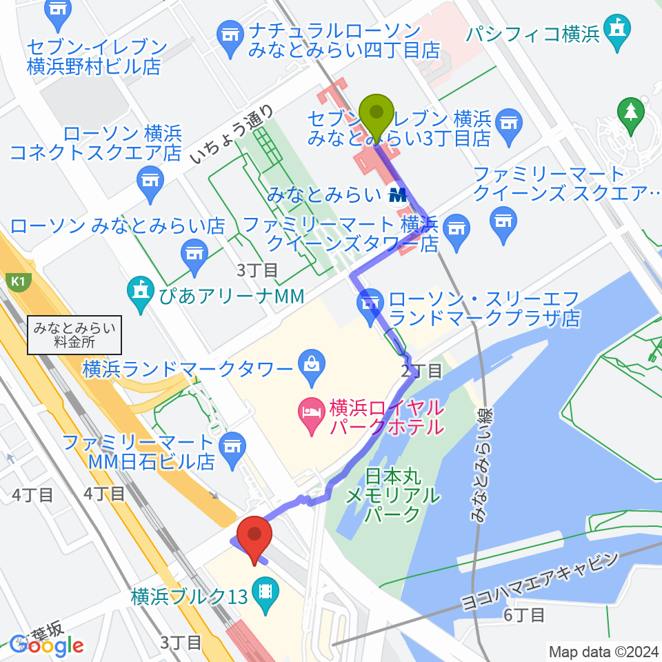 みなとみらい駅から横浜ブルク13へのルートマップ Mdata