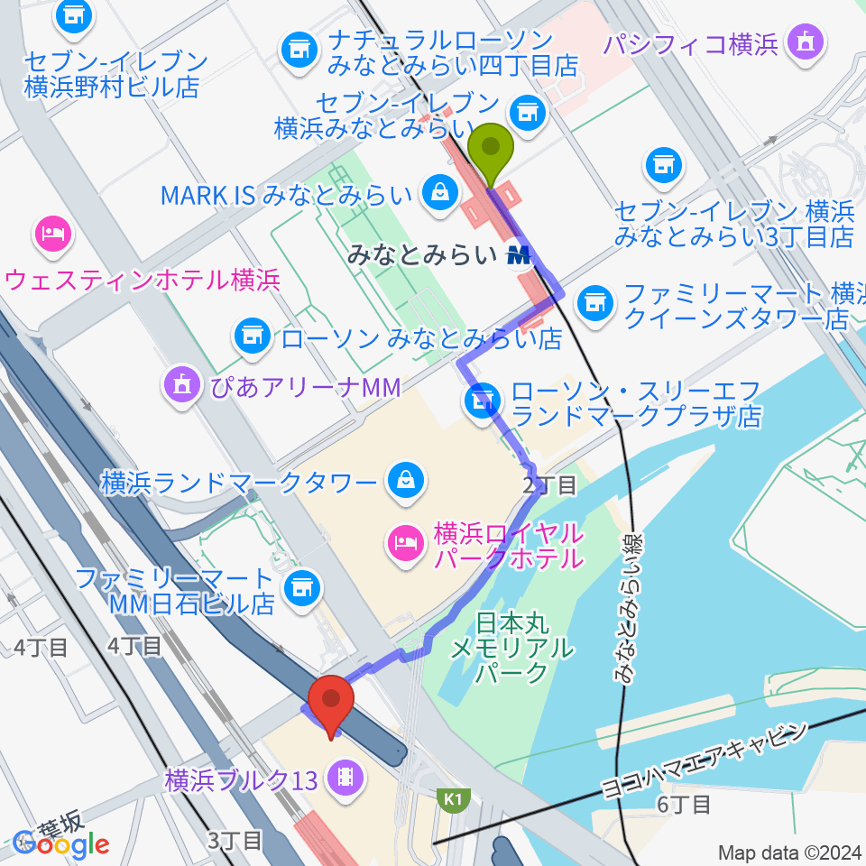 みなとみらい駅から横浜ブルク13へのルートマップ地図