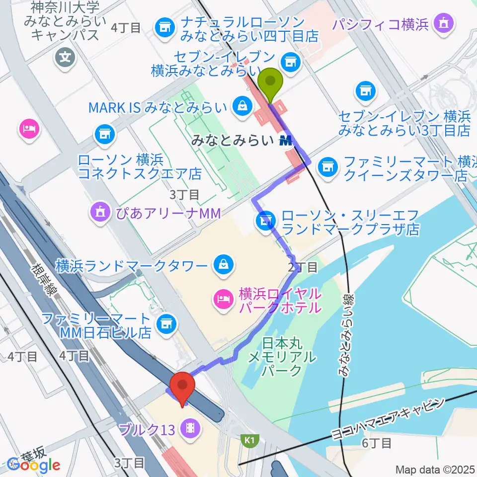 みなとみらい駅から横浜ブルク13へのルートマップ地図