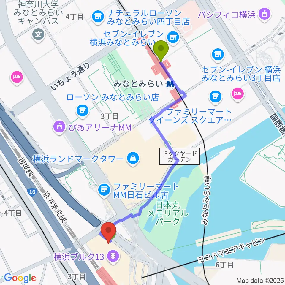 みなとみらい駅から横浜ブルク13へのルートマップ地図