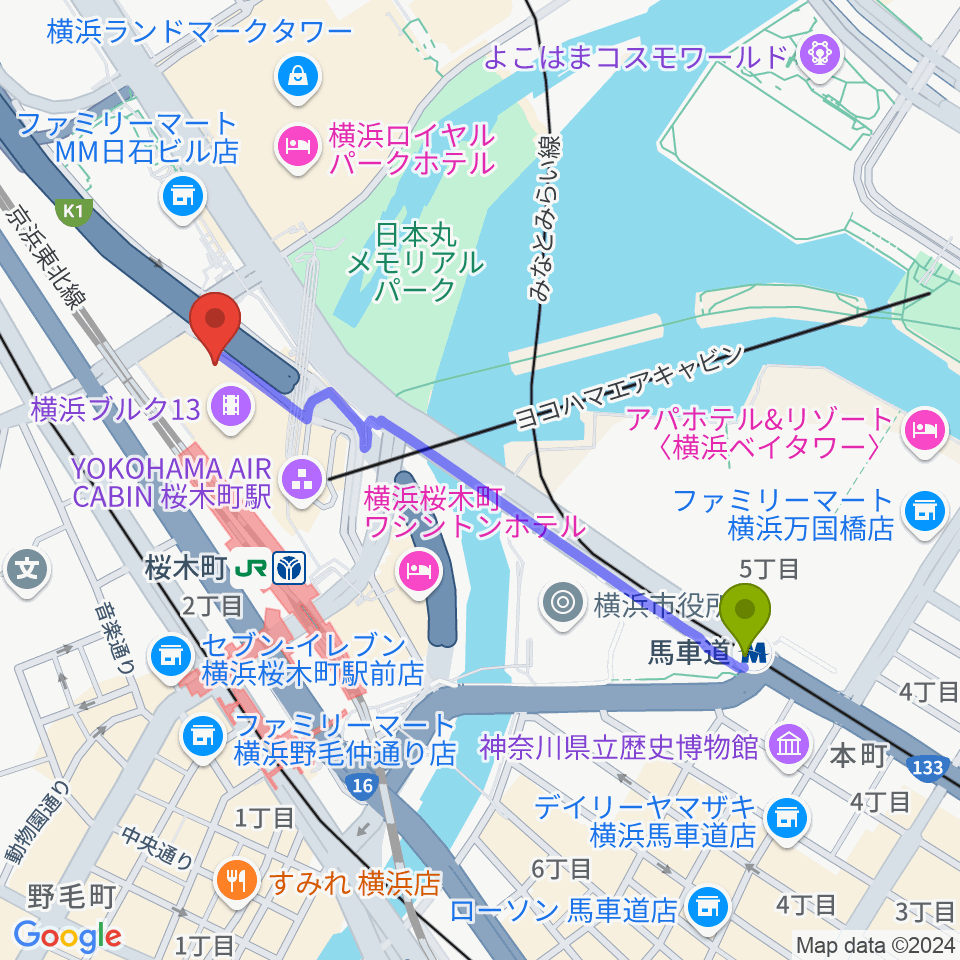 馬車道駅から横浜ブルク13へのルートマップ地図