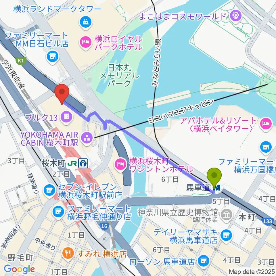 馬車道駅から横浜ブルク13へのルートマップ地図